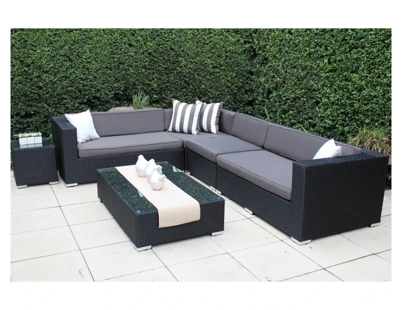 Outdoor Wicker Lounge Setting,L Shape,European styled,Licorice Black,Charcoal fabric