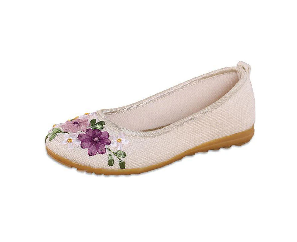 Amoretu Embroidered Ethnic Style Flats Comfortable Linen Shoes-OffWhite