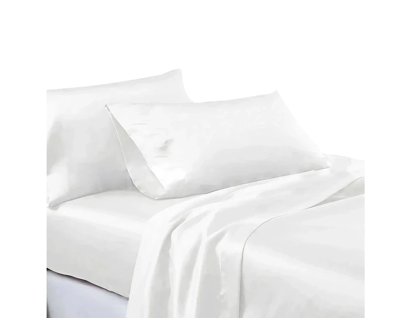 Soft Silk Satin Sheet Set Flat Fitted Sheet Pilllowcases - White-Queen