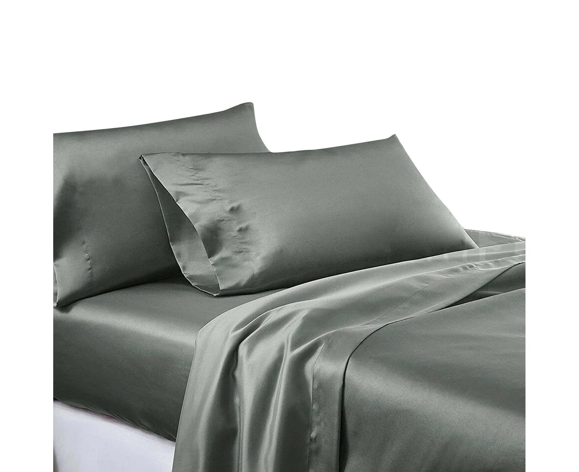 Soft Silk Satin Sheet Set Flat Fitted Sheet Pilllowcases - Grey-Queen