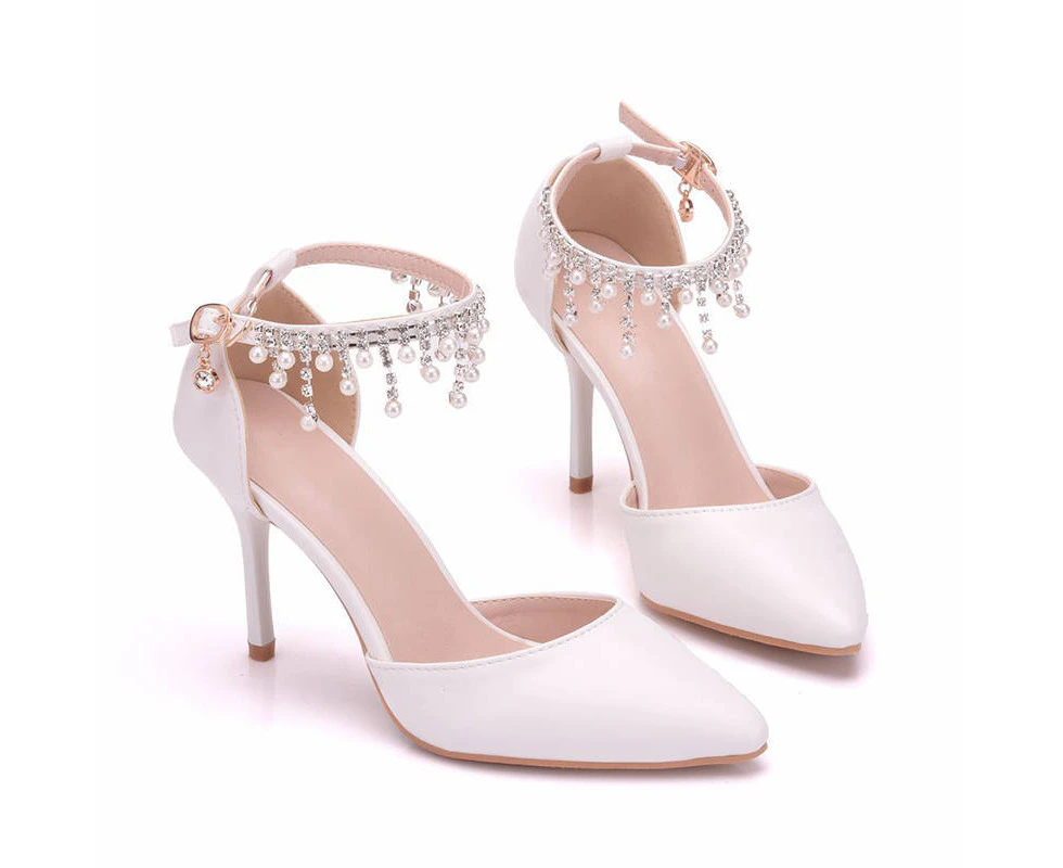 Lookbook Pointed Toe 7.5cm High Heel Pearl Ankle Strap Wedding Dress Pump-White