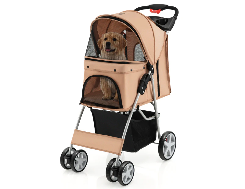 Costway Pet Stroller Dog Pram Cat Carrier Foldable Travel Pushchair w/Cup Holder & Storage Basket Coffee