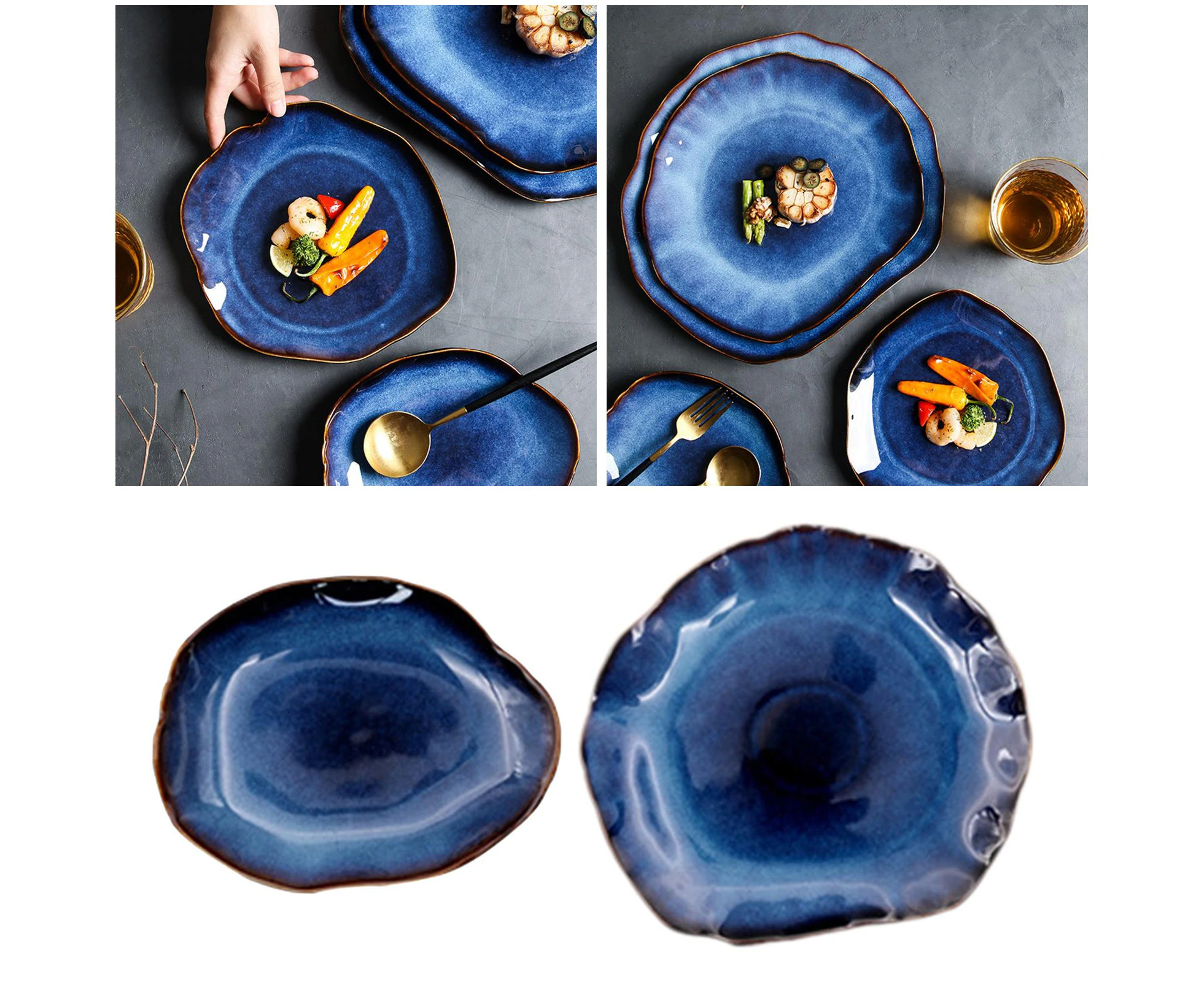 Porcelain Deep Blue Irregular Plate Pottery Home Fruit Dinnerware Series