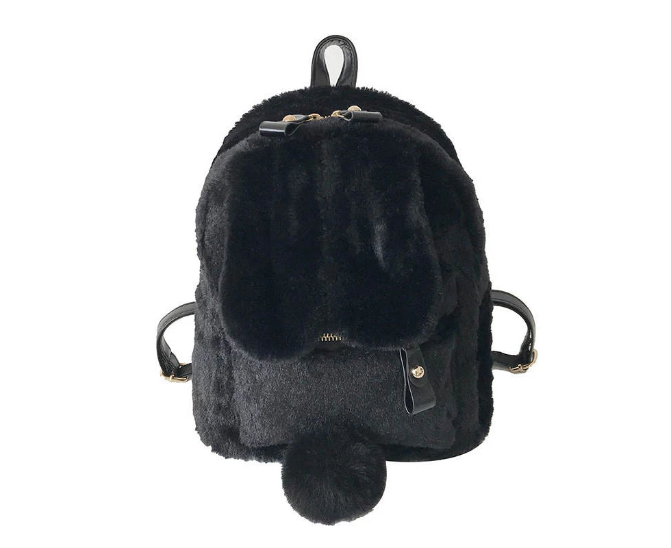 Nevenka Women Cute Rabbit Ears Backpack Fluffy School Bag Satchel-Black