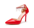 Lookbook Pointed Toe 9.5cm High Heel Pearl Ankle Strap Wedding Dress Pump-Red