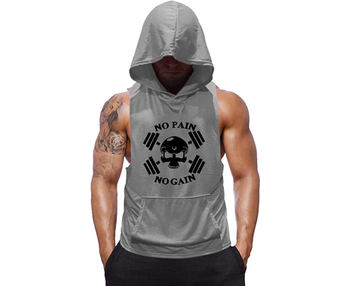 WeMeir Men's Cotton Skull Print Hoodie Vest Sleeveless Tank Top Fitness Vest Bodybuilding Vest Stringers Workout Tank Top-Grey