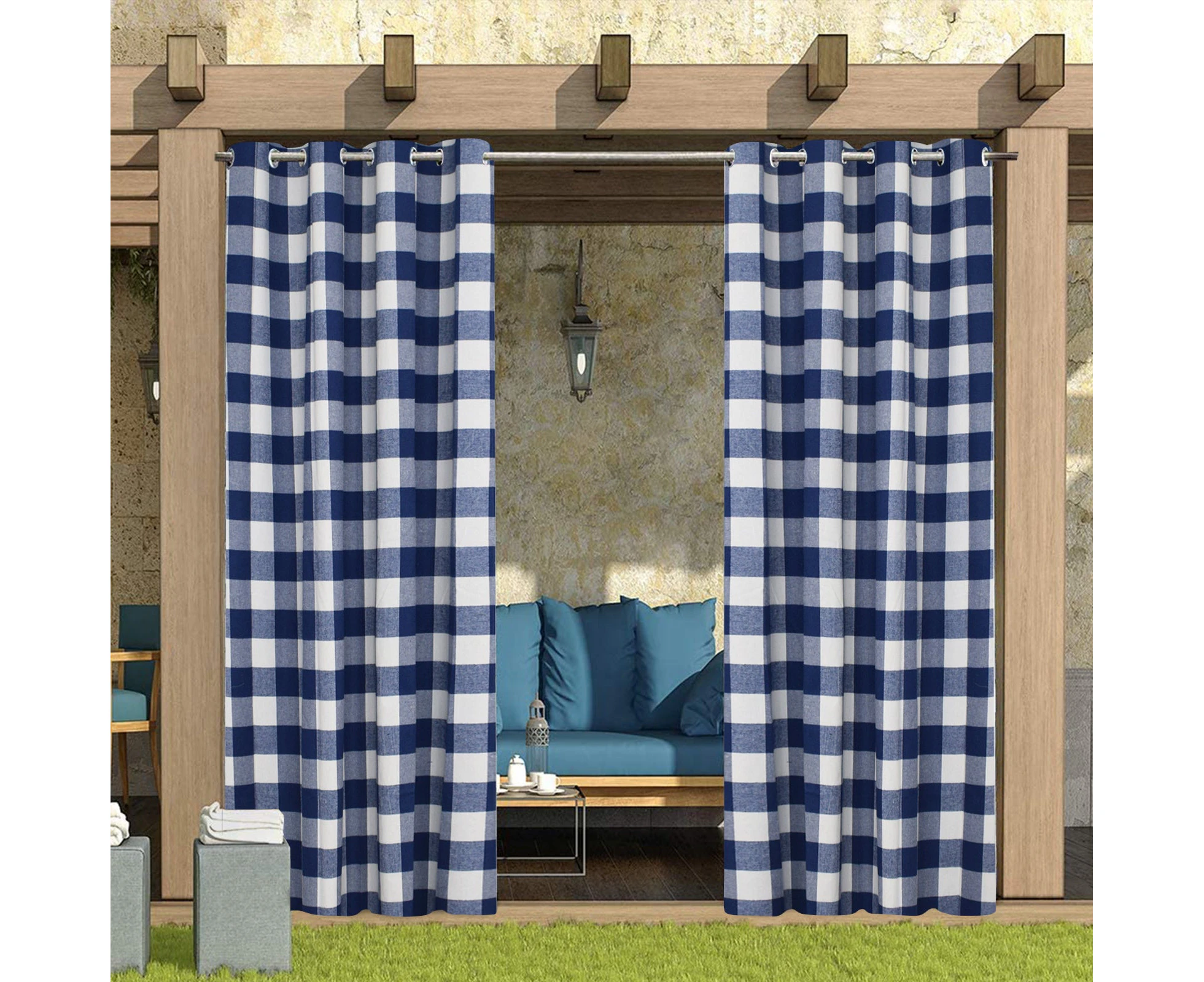 Outdoor Curtains for Patio Waterproof - Grommet Semi Sheer Curtains for Gazebo, Porch and Cabana, Blue and White