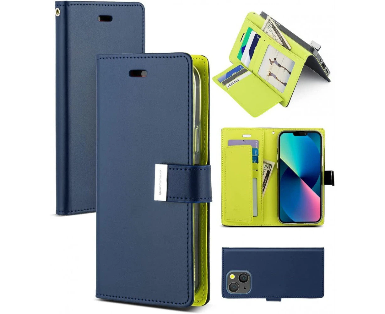 iPhone 11 Pro Max 6.5" Mercury Goospery Rich Diary Dual Wallet Flip Case Phone Cover Stand with 5 Card Holder Slots, Navy Blue