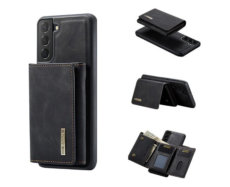 DG.MING For Samsung Galaxy S22 Premium Trifold Wallet Leather Case With 2-in-1 Magnetic Detachable Card Holder Pocket Cover - Black