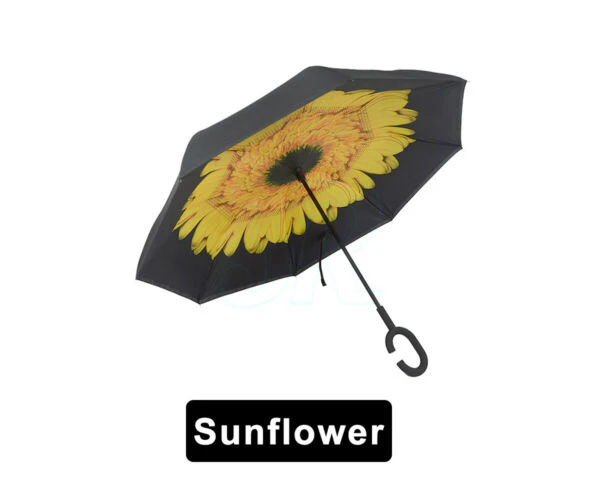 Windproof Upside Down Reverse Umbrella Double Layer Inside-Out Inverted C-Handle - Sunflower