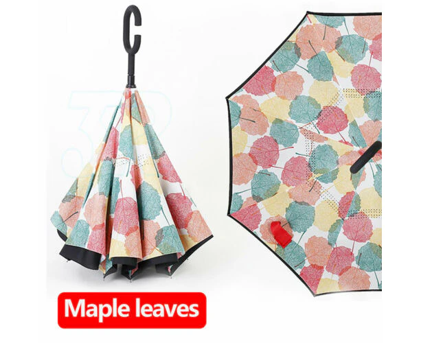 Windproof Upside Down Reverse Umbrella Double Layer Inside-Out Inverted C-Handle - Maple Leaf