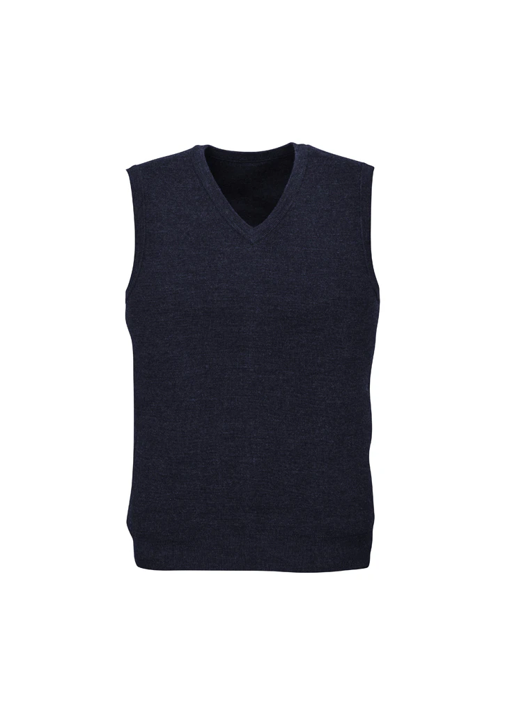 Mens Wool Blend V Neck Vest Sleeveless Double Knit - Navy