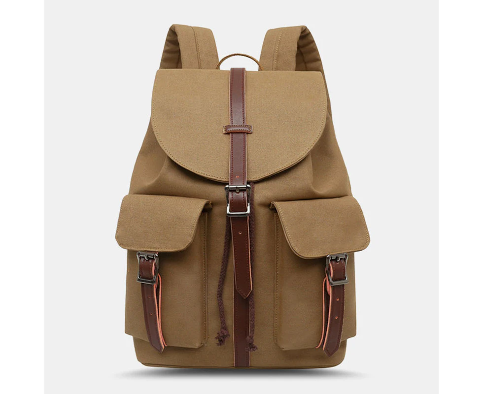 khaki-Women Canvas Double Front Pocket Design Large Capacity Travel Backpack Retro 14 Inch Laptop Bag