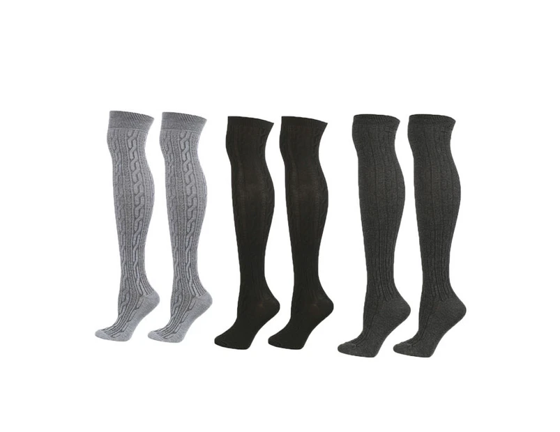 Strapsco 3Packs Women Extra Long High Socks Knit Warmers Thick Tall Long Boot Stockings Leg-BlackGrayDarkGray