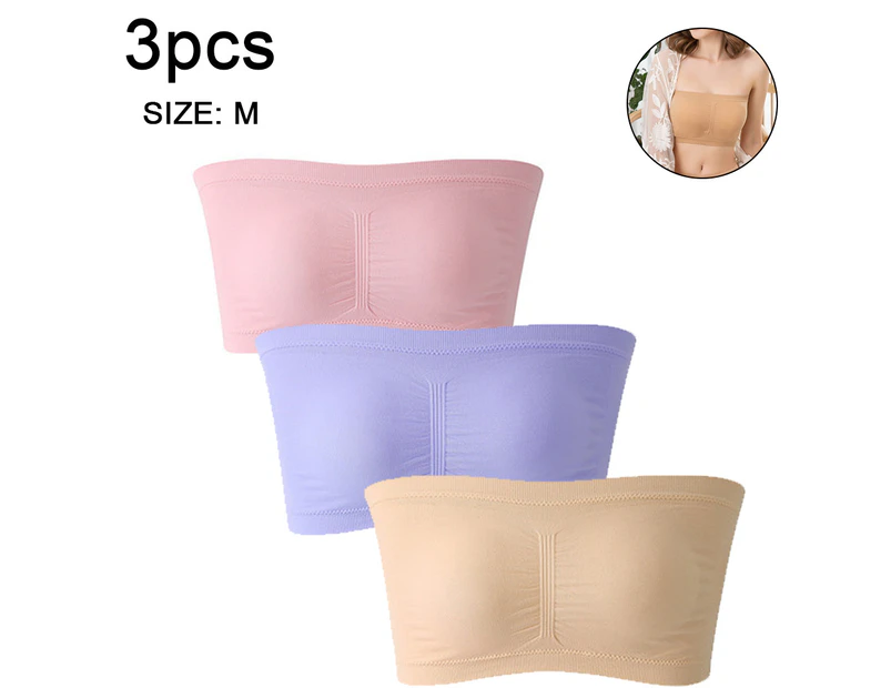 3 pcs Women's Padded Bandeau Bra, Strapless Removable Pads Tube Tops - Purple
