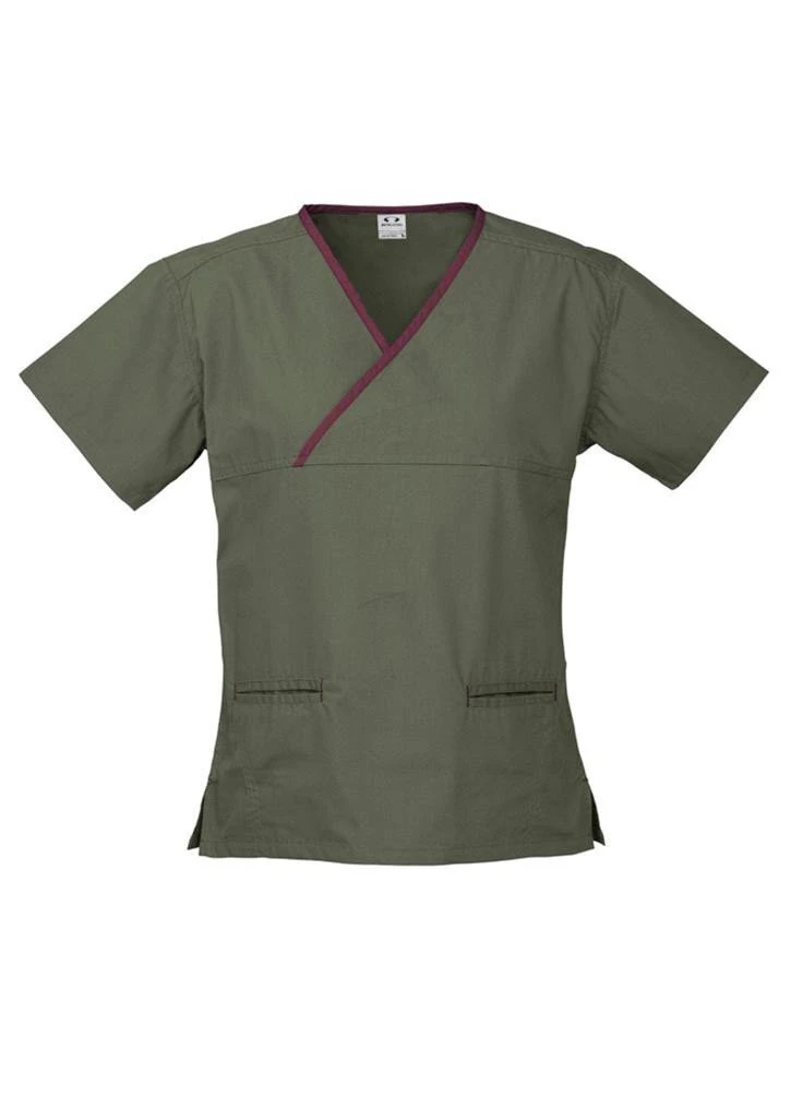 Contrast Women's V-Neck Scrubs Top Ladies Hospital Dentist Nurse Uniform - Sage/Maroon