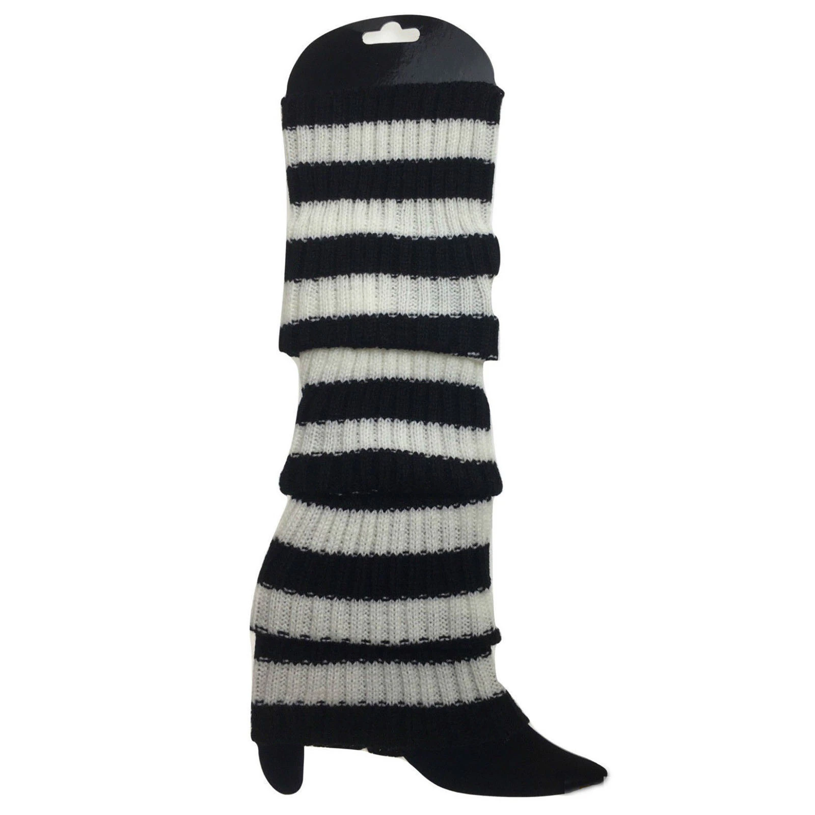 24x Womens Leg Warmers Disco Winter Knit Dance Party Crochet Legging Socks Costume - Black/White Stripe