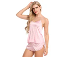 Amoretu Women Sexy Satin V Neck Camisole Shorts Pajamas Set-Pink