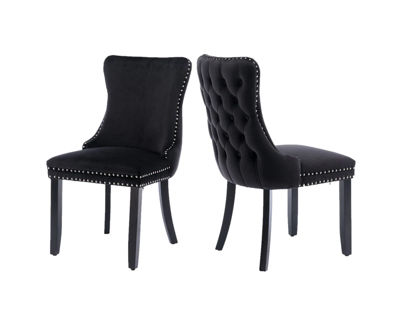 2x Velvet Upholstered Dining Chairs Tufted Wingback Side Chair with Studs Trim Solid Wood Legs for Kitchen