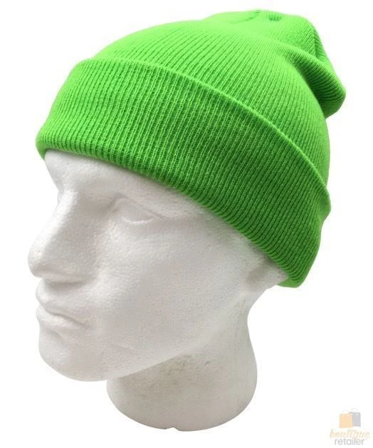 PLAIN FLURO BEANIE Hi Vis Unisex Winter Warm Hat Ski Party Costume Cap Knit - Fluro Green