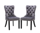 2x Velvet Dining Chairs Upholstered Tufted Kithcen Chair with Solid Wood Legs Stud Trim and Ring-Gray