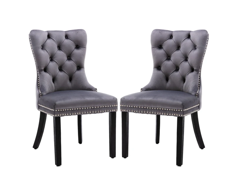 2x Velvet Dining Chairs Upholstered Tufted Kithcen Chair with Solid Wood Legs Stud Trim and Ring-Gray