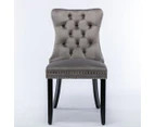 2x Velvet Dining Chairs Upholstered Tufted Kithcen Chair with Solid Wood Legs Stud Trim and Ring-Gray