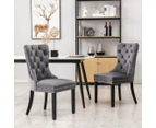 2x Velvet Dining Chairs Upholstered Tufted Kithcen Chair with Solid Wood Legs Stud Trim and Ring-Gray