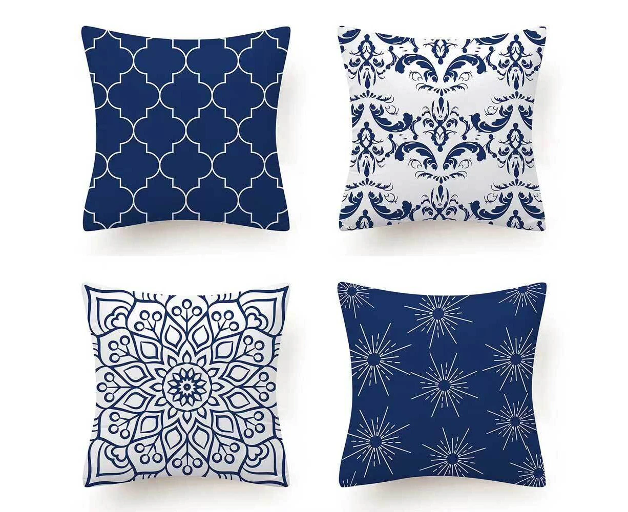 Home Decor Navy Blue Floral Abstract Cushion Cover 4pcs Pack