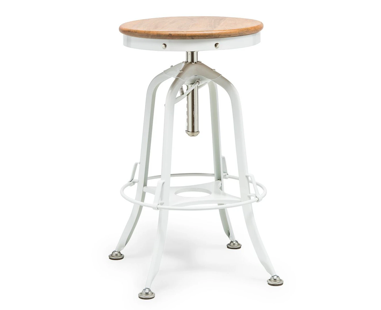 White Bar Stool Hamptons Style Height Adjustable and Swivel with Natural Wood Top