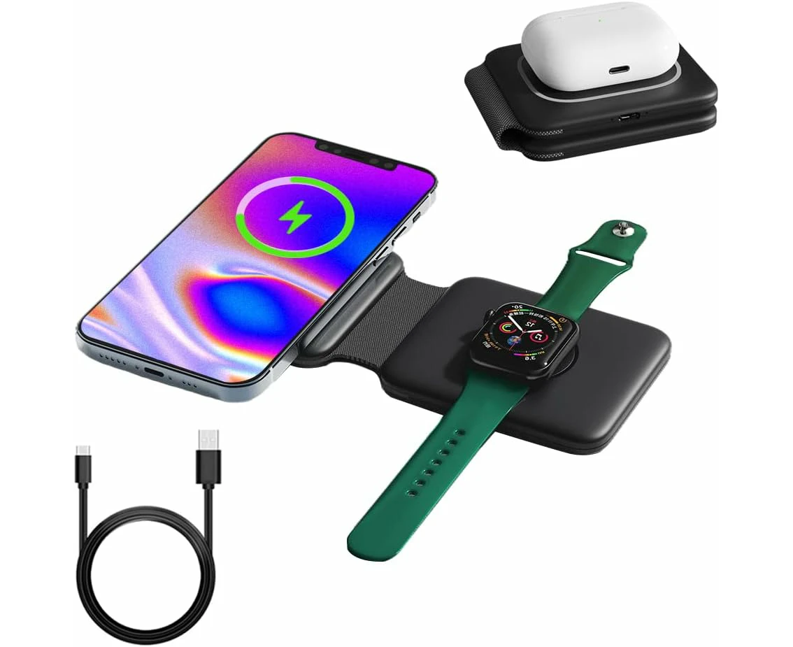 3 in1 Foldable Case Friendly Magnetic Wireless Qi Charger Fast Charging Pad -Black