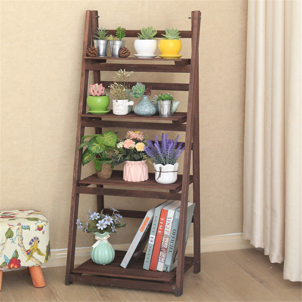 4Tier Ladder Shelf Wooden Leaning Bookshelf Tall Standing Flower Stand Plant Rack