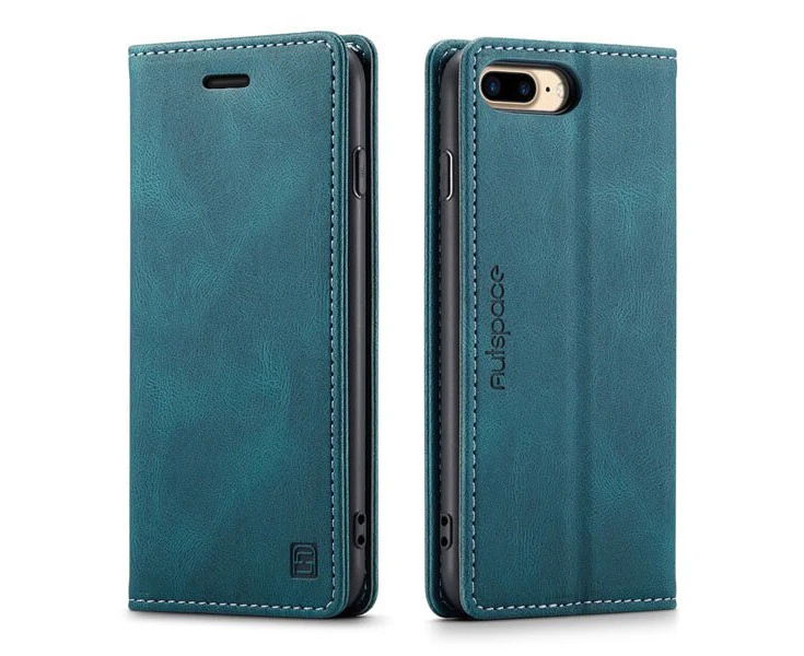 AutSpace For Apple Phone 7 Plus /8 Plus Case RFID Blocking Retro Flip Premium Leather Card Holder Wallet Cover - Cyan Blue