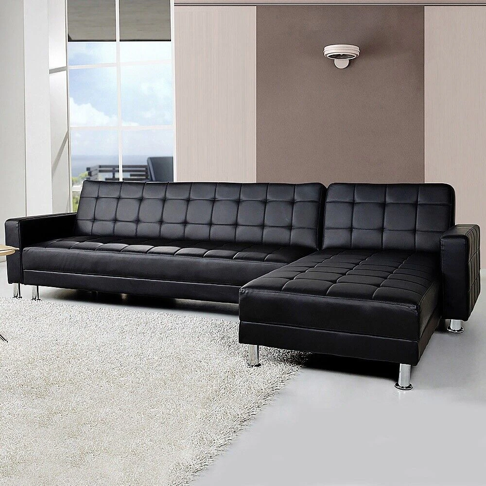 5 Seater Convertible Sofa Bed Faux Leather Sleeper Couch Chaise Lounge Black