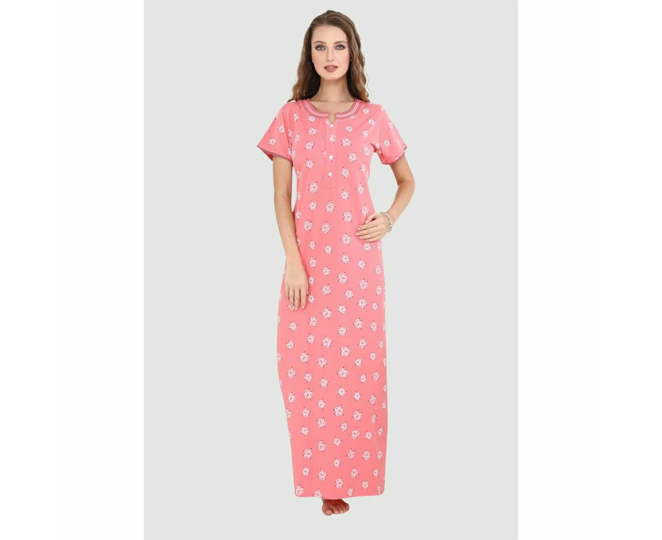 Sweet Dreams Long Heart Print Pure Cotton Nighty in Peach