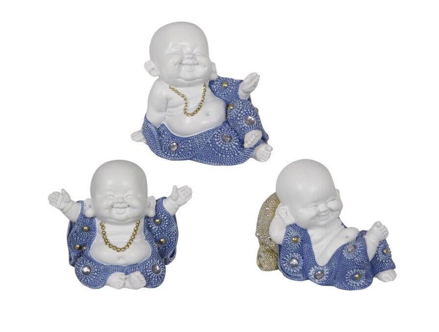 3pcs 8cm Happy Buddha Sitting Monk Blue White Ornament Home Garden