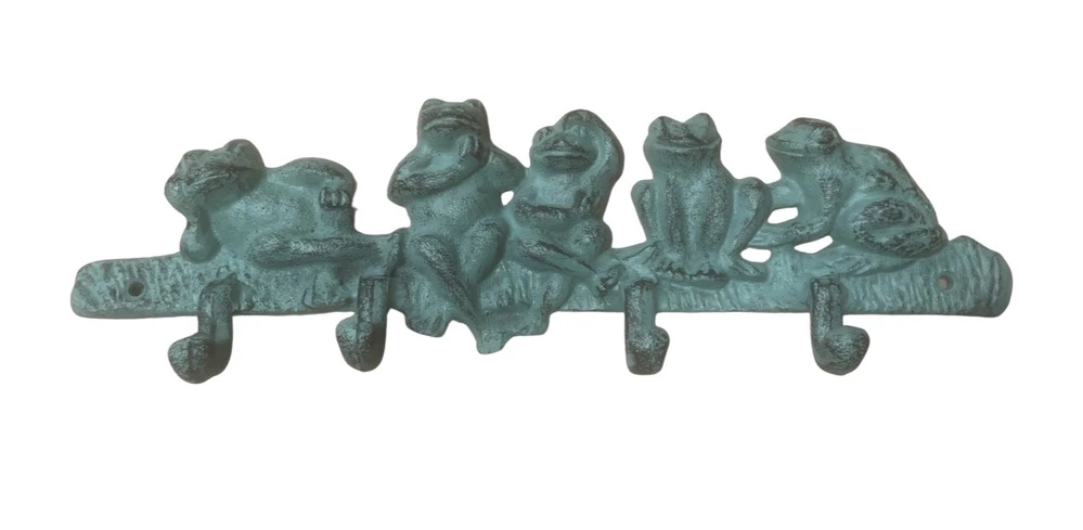 Mr Gecko Cast Iron Handcrafted 4 Hooks Wall Hanger Frogs Design Verdigris