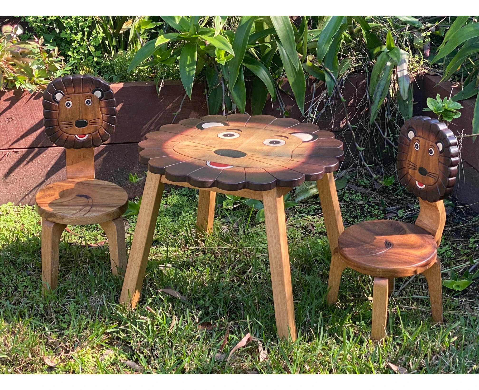 Kids Wooden Table + 2 Chairs Set Lion Design Carved Timber Children Furniture