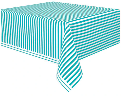 Circus Birthday Party Plastic Table Cover Teal White Striped Carnival Tablecloth