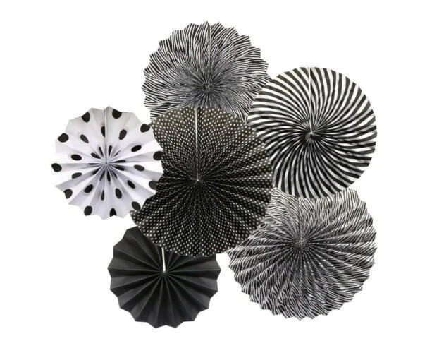 Black White Paper Fans Party Decorations 6pcs Set Birthday Wedding Hanging Decor