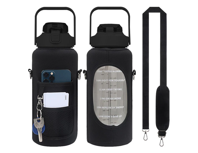 2L Large Capacity Black Water Bottle Drinking Bottle with Bottle Pouch Sleeve