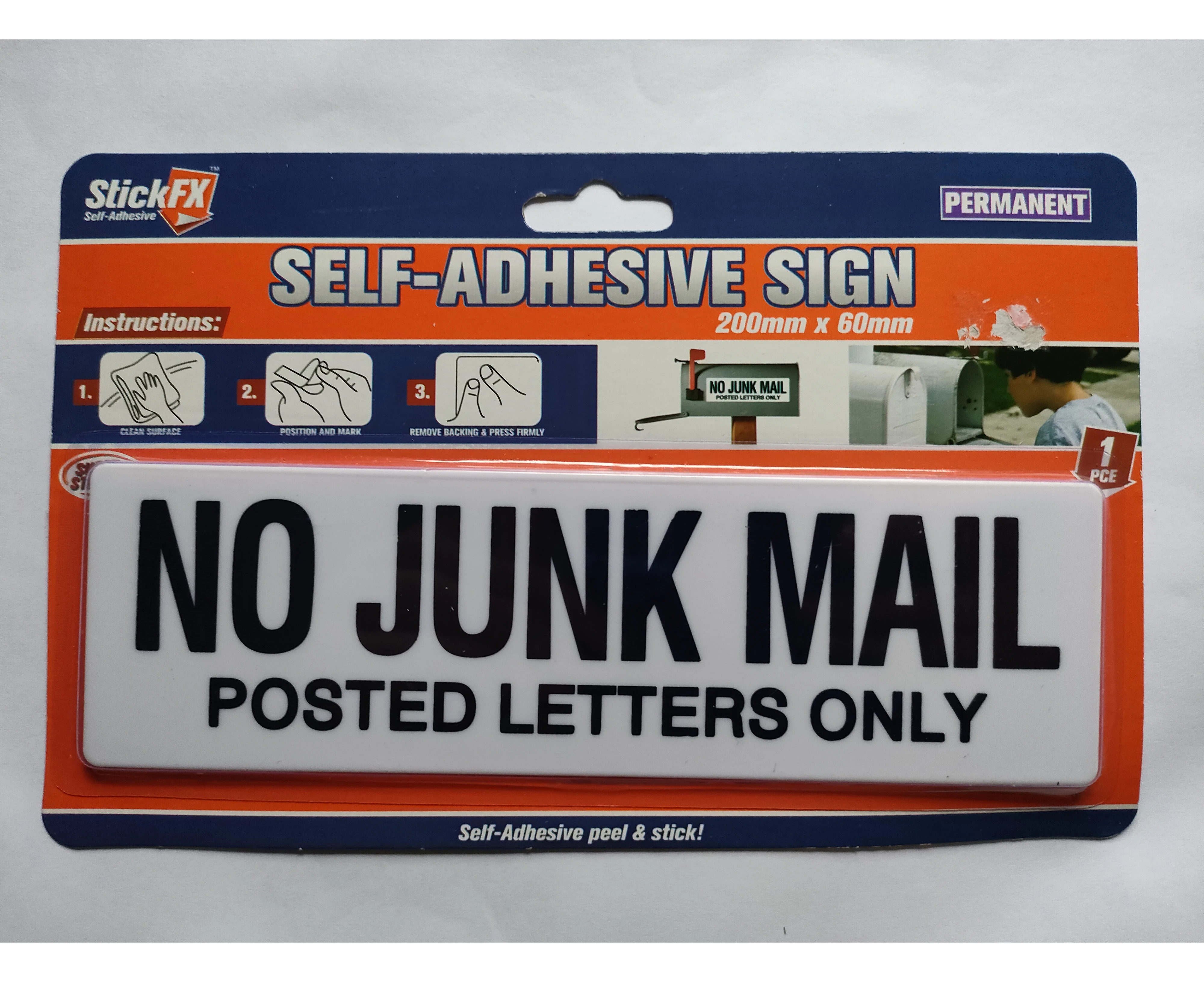 Self adhesive sign no junk mail 200mm x 60mm