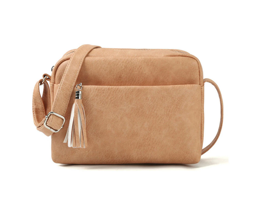 Lightweight Shoulder Purse Top Zipper Tassel Accent Small Triple Zip Cross Body Bag Handbag - Light Brown - Light Brown