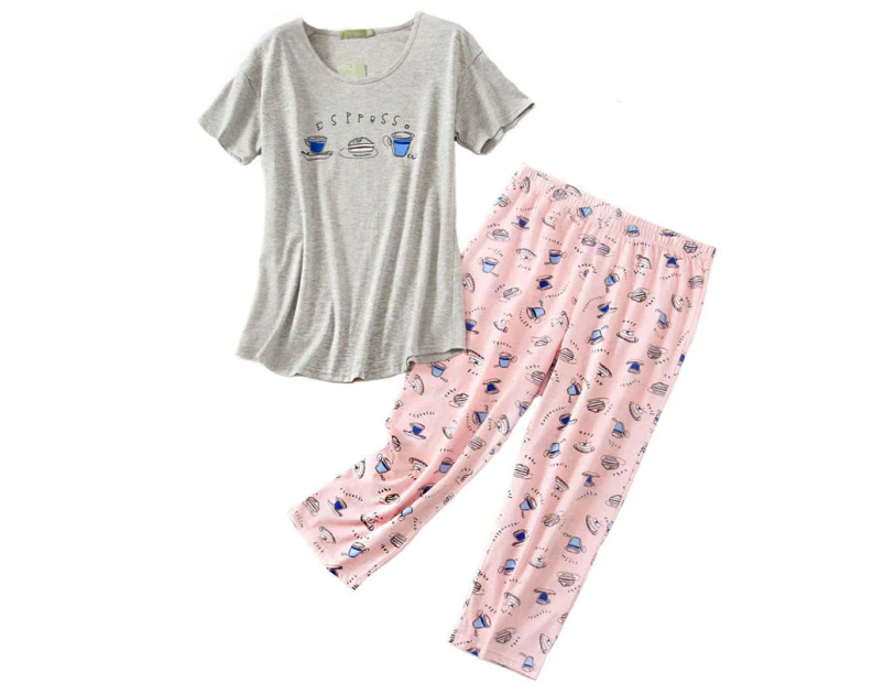 Womens Short Sleeve Casual Prints Pajama Cropped Trousers Set-Gray Pink Blue Cup