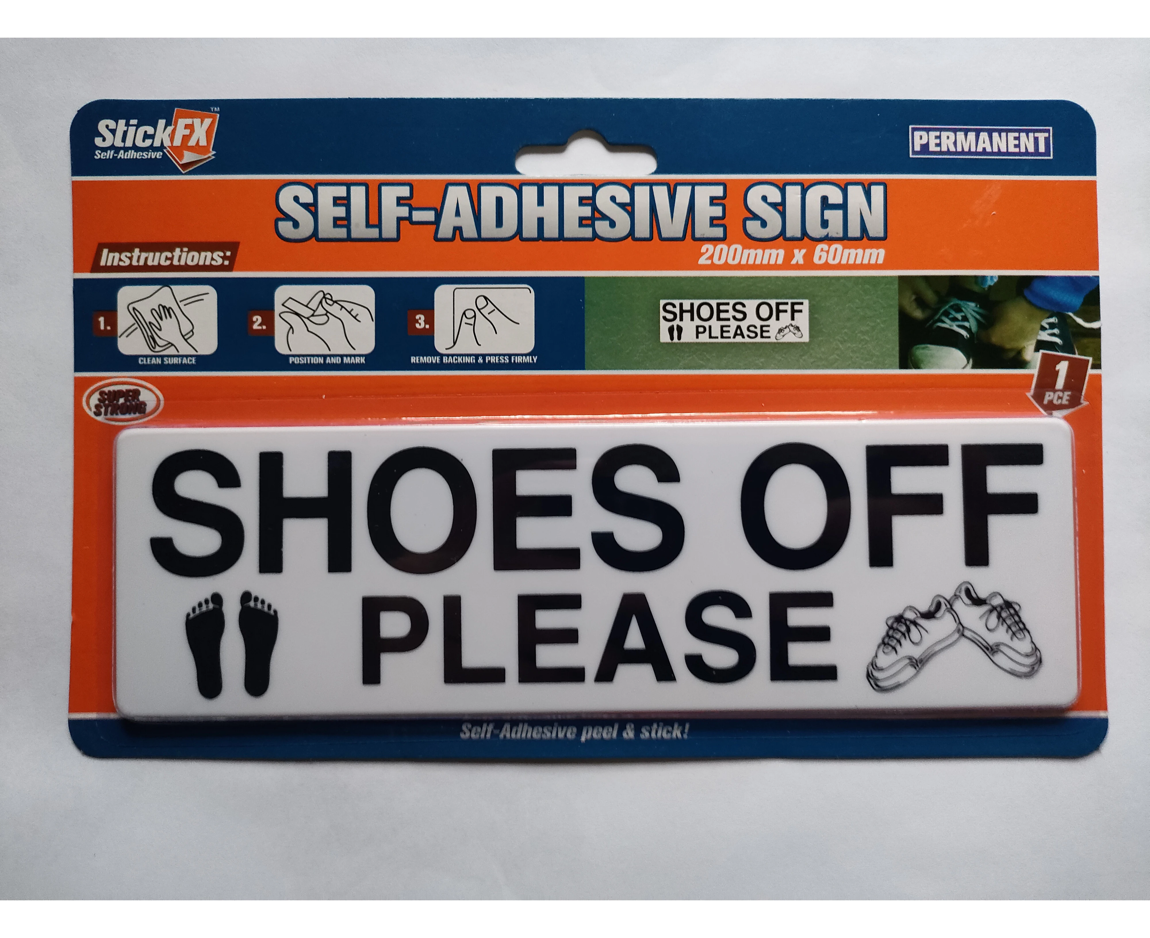 Self adhesive sign shoes off please 200mm x 60mm