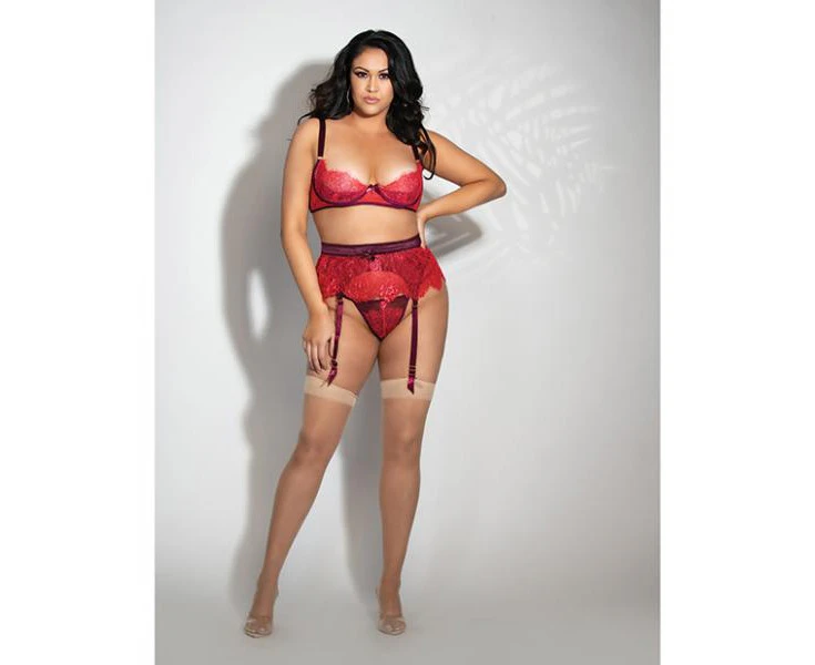 Eyelash Lace Underwire Bra, Garter Skirt & G-string Red 1x-2x