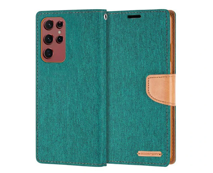 Goospery Canvas Samsung Galaxy S22 Ultra Wallet Leather Case Denim Stand Flip Fabric Pouch Credit Card Slots Cover - Green