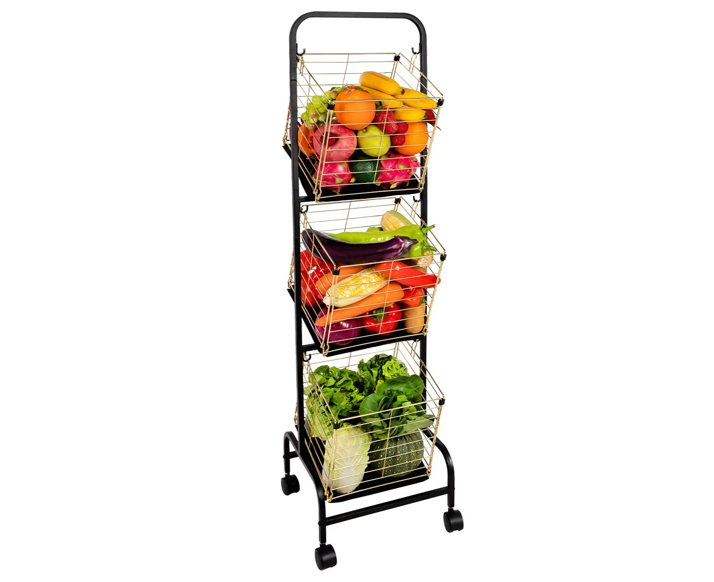 3 Tier Kitchen Stand Vegetable Fruit Storage Rack Potato Tomato Removable Free-Standing Hanging Storage Shelf with 4 Wheels