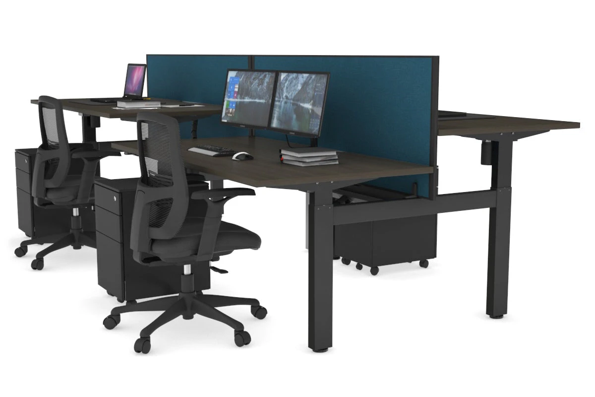 Just Right Height Adjustable 4 Person H-Bench Workstation - Black Frame [1600L x 800W] - dark oak, deep blue (820H x 1600W), black cable tray