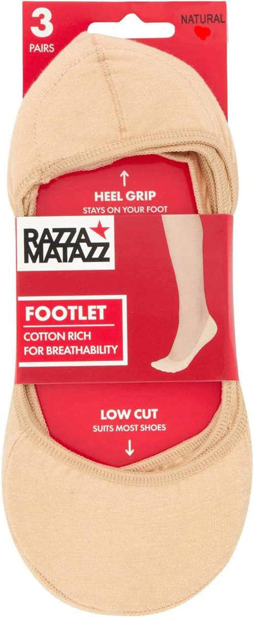 3 Pair Razzamatazz Footlet Cotton Rich Low Cut No Show Heel Women Socks - Natural